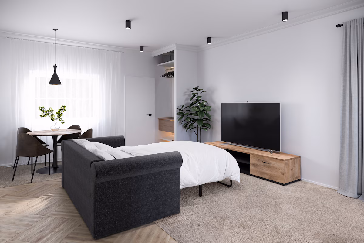 Living area and kitchen